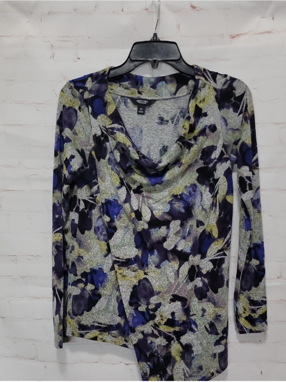3/$10 Simply Vera Vera Wang Blue Black Floral Cowl Neck Sweater Size XS